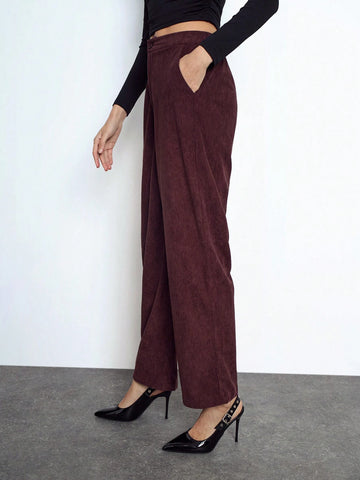 Maija Women's Red Elegant Solid Color Elastic Waist Loose Straight Casual Pants With Pockets, Versatile For Autumn/Winter Maija Women's Red Elegant Solid Color Elastic Waist Loose Straight Casual Pants With Pockets, Versatile For Autumn/Winter