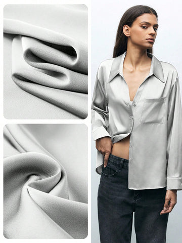 Maija Women's Solid Color Dropped Shoulder Long Sleeve Single-Breasted Pocket Loose Casual Shirt, Autumn Maija Women's Solid Color Dropped Shoulder Long Sleeve Single-Breasted Pocket Loose Casual Shirt, Autumn