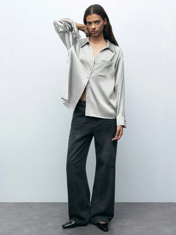 Maija Women's Solid Color Dropped Shoulder Long Sleeve Single-Breasted Pocket Loose Casual Shirt, Autumn Maija Women's Solid Color Dropped Shoulder Long Sleeve Single-Breasted Pocket Loose Casual Shirt, Autumn