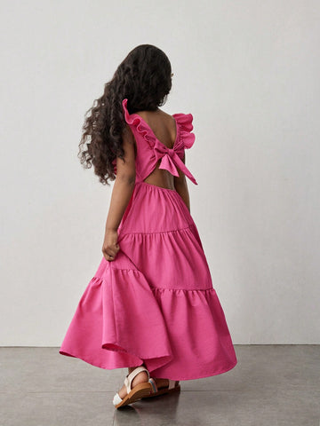 Young Girl Fashion Casual Holiday Outdoor & Indoor Versatile Solid Fuchsia Ruffle Sleeve, Bowknot Back Asymmetrical Hem Split Long Dress, Young Girl Fashion Casual Holiday Outdoor & Indoor Versatile Solid Fuchsia Ruffle Sleeve, Bowknot Back Asymmetrical Hem Split Long Dress,