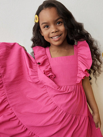 Young Girl Fashion Casual Holiday Outdoor & Indoor Versatile Solid Fuchsia Ruffle Sleeve, Bowknot Back Asymmetrical Hem Split Long Dress, Young Girl Fashion Casual Holiday Outdoor & Indoor Versatile Solid Fuchsia Ruffle Sleeve, Bowknot Back Asymmetrical Hem Split Long Dress,