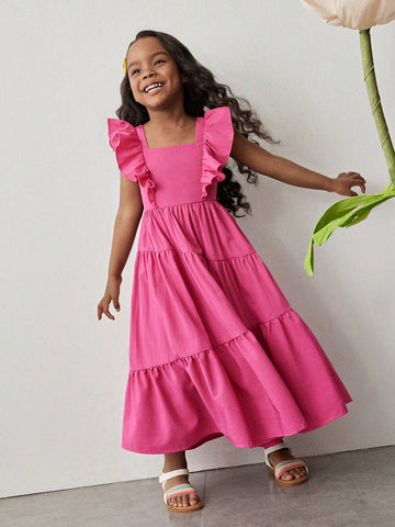 Young Girl Fashion Casual Holiday Outdoor & Indoor Versatile Solid Fuchsia Ruffle Sleeve, Bowknot Back Asymmetrical Hem Split Long Dress, Young Girl Fashion Casual Holiday Outdoor & Indoor Versatile Solid Fuchsia Ruffle Sleeve, Bowknot Back Asymmetrical Hem Split Long Dress,