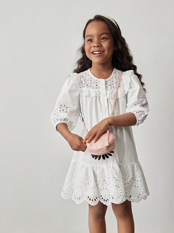 Young Girl Hollow Embroidery Texture Retro Pastoral Round Neck Loose A-Line Ruffle Hem Puff Sleeve Casual Dress Young Girl Hollow Embroidery Texture Retro Pastoral Round Neck Loose A-Line Ruffle Hem Puff Sleeve Casual Dress
