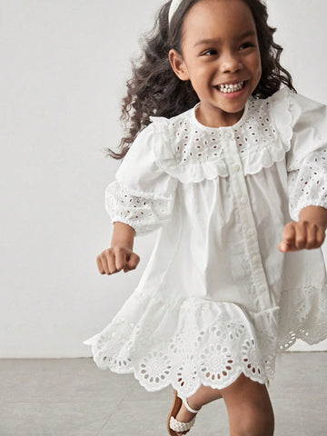 Young Girl Hollow Embroidery Texture Retro Pastoral Round Neck Loose A-Line Ruffle Hem Puff Sleeve Casual Dress Young Girl Hollow Embroidery Texture Retro Pastoral Round Neck Loose A-Line Ruffle Hem Puff Sleeve Casual Dress