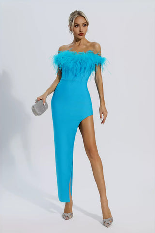 Mara Blue Ostrich Feather Bandage Dress Mara Blue Ostrich Feather Bandage Dress