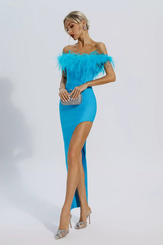 Mara Blue Ostrich Feather Bandage Dress Mara Blue Ostrich Feather Bandage Dress