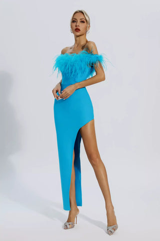 Mara Blue Ostrich Feather Bandage Dress Mara Blue Ostrich Feather Bandage Dress