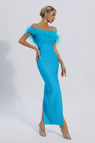 Mara Blue Ostrich Feather Bandage Dress Mara Blue Ostrich Feather Bandage Dress