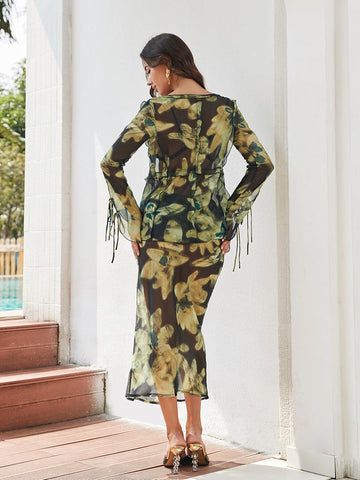 Marlene Lace Up Floral See Through Skirt Set Marlene Lace Up Floral See Through Skirt Set