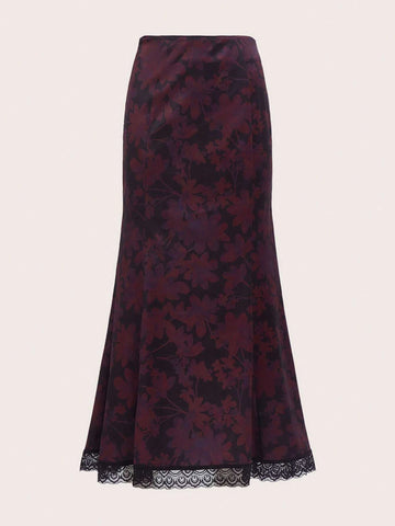 Maryam Alam Goth Floral Print Contrast Lace Mermaid Hem Skirt Maryam Alam Goth Floral Print Contrast Lace Mermaid Hem Skirt