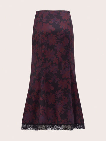 Maryam Alam Goth Floral Print Contrast Lace Mermaid Hem Skirt Maryam Alam Goth Floral Print Contrast Lace Mermaid Hem Skirt