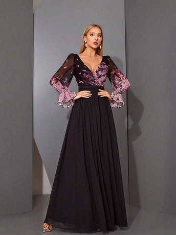 MgiacyV-Neck Romantic Floral-Print Asymmetrical Cross-Over Pleated Chiffon Long Sleeve Dress MgiacyV-Neck Romantic Floral-Print Asymmetrical Cross-Over Pleated Chiffon Long Sleeve Dress