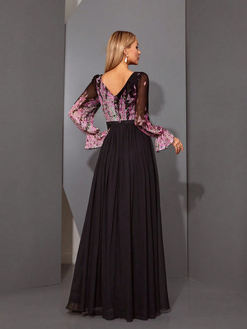 MgiacyV-Neck Romantic Floral-Print Asymmetrical Cross-Over Pleated Chiffon Long Sleeve Dress MgiacyV-Neck Romantic Floral-Print Asymmetrical Cross-Over Pleated Chiffon Long Sleeve Dress