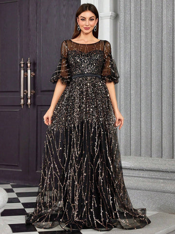 Mgiacy Round Neck Half-See-Through Glitter Puff Sleeve Maxi Dress Mgiacy Round Neck Half-See-Through Glitter Puff Sleeve Maxi Dress