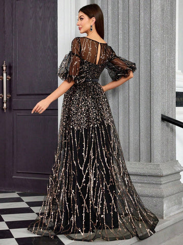 Mgiacy Round Neck Half-See-Through Glitter Puff Sleeve Maxi Dress Mgiacy Round Neck Half-See-Through Glitter Puff Sleeve Maxi Dress