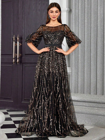 Mgiacy Round Neck Half-See-Through Glitter Puff Sleeve Maxi Dress Mgiacy Round Neck Half-See-Through Glitter Puff Sleeve Maxi Dress