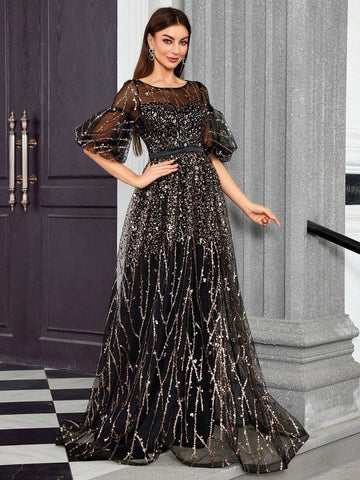 Mgiacy Round Neck Half-See-Through Glitter Puff Sleeve Maxi Dress Mgiacy Round Neck Half-See-Through Glitter Puff Sleeve Maxi Dress