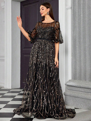 Mgiacy Round Neck Half-See-Through Glitter Puff Sleeve Maxi Dress Mgiacy Round Neck Half-See-Through Glitter Puff Sleeve Maxi Dress