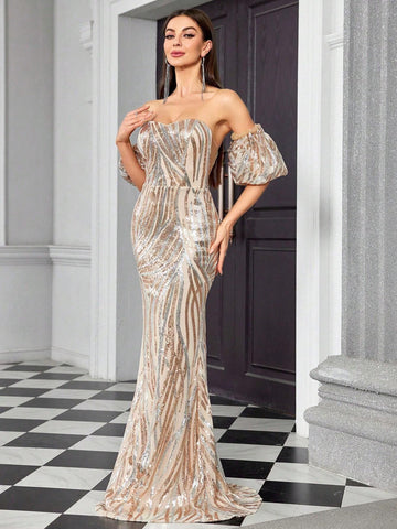 Mgiacy Strapless Fishtail Long Dress With Sexy Glitter Puff Sleeves, Slim Fit Mgiacy Strapless Fishtail Long Dress With Sexy Glitter Puff Sleeves, Slim Fit