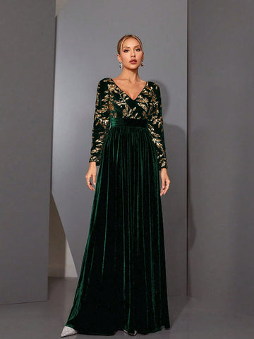 Mgiacyv V-Neck Glamorous Sequin Elastic Waisted Long Sleeve Velvet Dress Mgiacyv V-Neck Glamorous Sequin Elastic Waisted Long Sleeve Velvet Dress