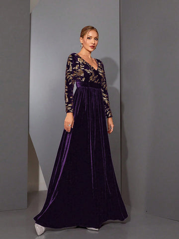 Mgiacyv V-Neck Glamorous Sequin Elastic Waisted Long Sleeve Velvet Dress Mgiacyv V-Neck Glamorous Sequin Elastic Waisted Long Sleeve Velvet Dress