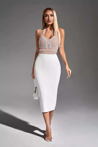 Mia White Pearl Halter Bandage Dress Mia White Pearl Halter Bandage Dress