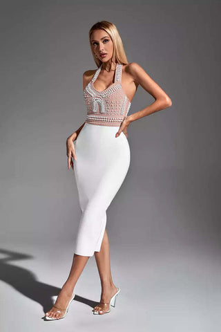 Mia White Pearl Halter Bandage Dress Mia White Pearl Halter Bandage Dress