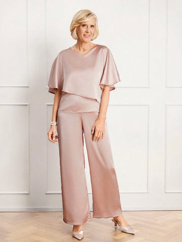 Miaspire 2pcs/Set Women's Summer Solid V-Neck Ruffle Sleeve Blouse And Wide Leg Pants Set Miaspire 2pcs/Set Women's Summer Solid V-Neck Ruffle Sleeve Blouse And Wide Leg Pants Set