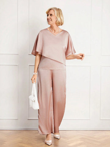 Miaspire 2pcs/Set Women's Summer Solid V-Neck Ruffle Sleeve Blouse And Wide Leg Pants Set Miaspire 2pcs/Set Women's Summer Solid V-Neck Ruffle Sleeve Blouse And Wide Leg Pants Set