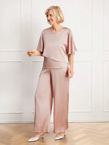 Miaspire 2pcs/Set Women's Summer Solid V-Neck Ruffle Sleeve Blouse And Wide Leg Pants Set Miaspire 2pcs/Set Women's Summer Solid V-Neck Ruffle Sleeve Blouse And Wide Leg Pants Set
