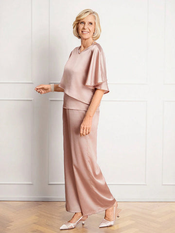 Miaspire 2pcs/Set Women's Summer Solid V-Neck Ruffle Sleeve Blouse And Wide Leg Pants Set Miaspire 2pcs/Set Women's Summer Solid V-Neck Ruffle Sleeve Blouse And Wide Leg Pants Set