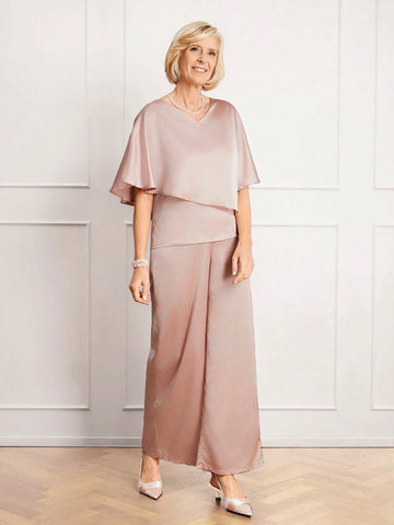 Miaspire 2pcs/Set Women's Summer Solid V-Neck Ruffle Sleeve Blouse And Wide Leg Pants Set Miaspire 2pcs/Set Women's Summer Solid V-Neck Ruffle Sleeve Blouse And Wide Leg Pants Set