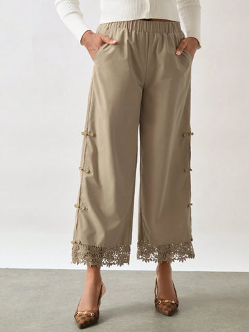 Miaspire Women Casual Solid Color Elastic Waist Side Pocket Button Decor Loose Wide Leg Pants Miaspire Women Casual Solid Color Elastic Waist Side Pocket Button Decor Loose Wide Leg Pants