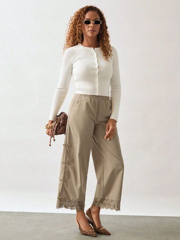 Miaspire Women Casual Solid Color Elastic Waist Side Pocket Button Decor Loose Wide Leg Pants Miaspire Women Casual Solid Color Elastic Waist Side Pocket Button Decor Loose Wide Leg Pants