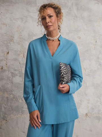 Miaspire Women's Solid Color V-Neck With Pockets Long Sleeve Blouse Miaspire Women's Solid Color V-Neck With Pockets Long Sleeve Blouse