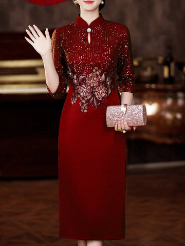 Mid-Length Stand-Up Collar Sequin Dress, Casual Three-Quarter Sleeve Dress For Women, Suitable For Wedding Parties And Daily Casual Wear, Can Be Worn In All Seasons Mid-Length Stand-Up Collar Sequin Dress, Casual Three-Quarter Sleeve Dress For Women, Suitable For Wedding Parties And Daily Casual Wear, Can Be Worn In All Seasons