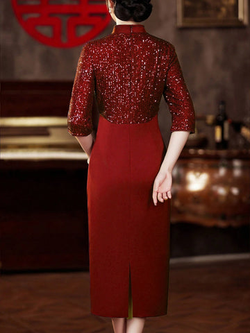Mid-Length Stand-Up Collar Sequin Dress, Casual Three-Quarter Sleeve Dress For Women, Suitable For Wedding Parties And Daily Casual Wear, Can Be Worn In All Seasons Mid-Length Stand-Up Collar Sequin Dress, Casual Three-Quarter Sleeve Dress For Women, Suitable For Wedding Parties And Daily Casual Wear, Can Be Worn In All Seasons