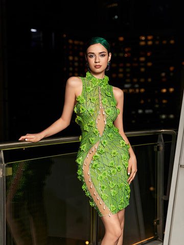 Midori Sleeveless Flower Rhinestone Mini Dress Midori Sleeveless Flower Rhinestone Mini Dress