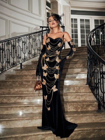 Miel Butterfly Chain Embellished Velvet Dress Miel Butterfly Chain Embellished Velvet Dress