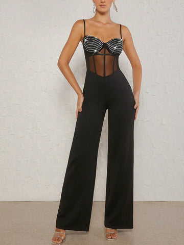 Mienne Contrast Mesh Rhinestone Detail Bustier Cami Jumpsuit Mienne Contrast Mesh Rhinestone Detail Bustier Cami Jumpsuit