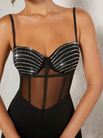 Mienne Contrast Mesh Rhinestone Detail Bustier Cami Jumpsuit Mienne Contrast Mesh Rhinestone Detail Bustier Cami Jumpsuit
