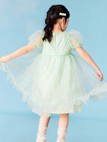 Mini Bala Girls' A-Line Dress For Babies With Fluttering Net Bubble Sleeves And High-Waisted Princess Dress In Summer Mini Bala Girls' A-Line Dress For Babies With Fluttering Net Bubble Sleeves And High-Waisted Princess Dress In Summer