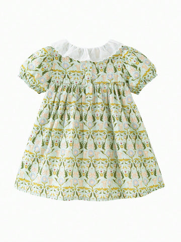 Mini Bala Girls Dress Baby Cute Doll Collar Bubble Sleeve Pure Cotton Fresh Print Princess Dress Mini Bala Girls Dress Baby Cute Doll Collar Bubble Sleeve Pure Cotton Fresh Print Princess Dress