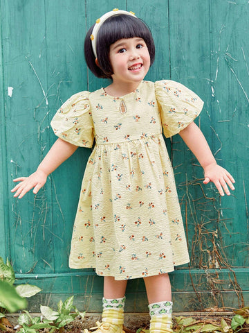 Mini Bala Girls' Summer Dress Year Old Baby Sweat Absorbing Pure Cotton Full Print Bubble Sleeve Dress Mini Bala Girls' Summer Dress Year Old Baby Sweat Absorbing Pure Cotton Full Print Bubble Sleeve Dress