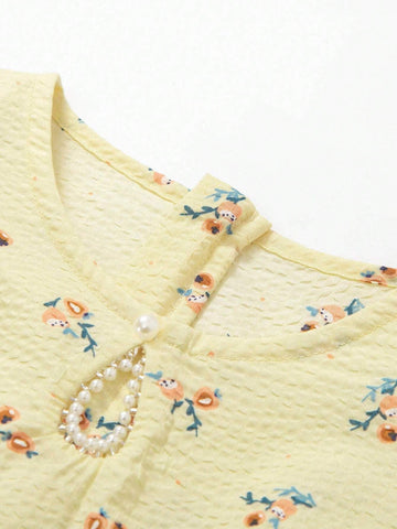 Mini Bala Girls' Summer Dress Year Old Baby Sweat Absorbing Pure Cotton Full Print Bubble Sleeve Dress Mini Bala Girls' Summer Dress Year Old Baby Sweat Absorbing Pure Cotton Full Print Bubble Sleeve Dress