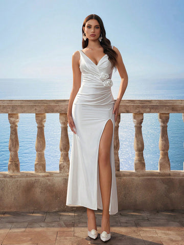 Minimalist Satin V-Neck High-End Baroque Sleeveless Romantic 3D Floral Split Maxi Cocktail Elegant Wedding Dress White Minimalist Satin V-Neck High-End Baroque Sleeveless Romantic 3D Floral Split Maxi Cocktail Elegant Wedding Dress White
