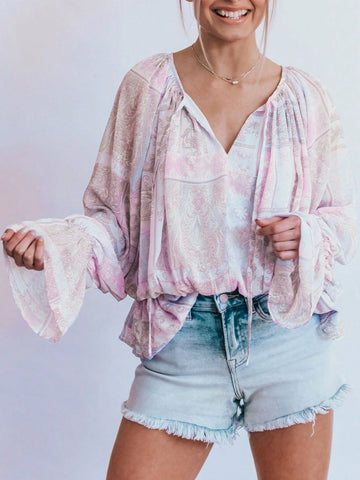 Mixed Print Split Neck Ruffle Bubble Sleeve Blouse Mixed Print Split Neck Ruffle Bubble Sleeve Blouse