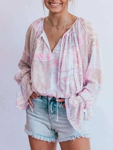 Mixed Print Split Neck Ruffle Bubble Sleeve Blouse Mixed Print Split Neck Ruffle Bubble Sleeve Blouse