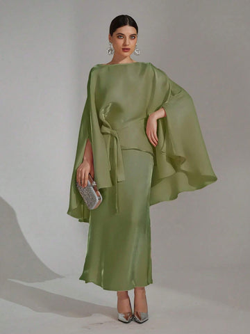 Modest Cape Tops & Mermaid Skirt Women Luxury Shiny Matching Sets For Party Modest Cape Tops & Mermaid Skirt Women Luxury Shiny Matching Sets For Party