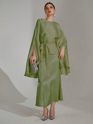 Modest Cape Tops & Mermaid Skirt Women Luxury Shiny Matching Sets For Party Modest Cape Tops & Mermaid Skirt Women Luxury Shiny Matching Sets For Party